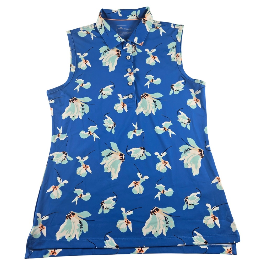 Peter Millar Sleeveless Polo Women Medium Blue Floral‎ UPF 50 Golf Top Sporty